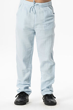 Beli Lastikli Müslin Cepli Yazlık Çocuk Pantolon Buz Mavi Bmv