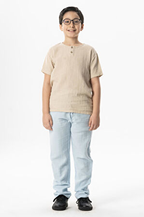 Beli Lastikli Müslin Cepli Yazlık Çocuk Pantolon Buz Mavi Bmv