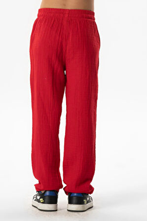 Beli Lastikli Müslin Cepli Yazlık Çocuk Pantolon Kırmızı Krmz