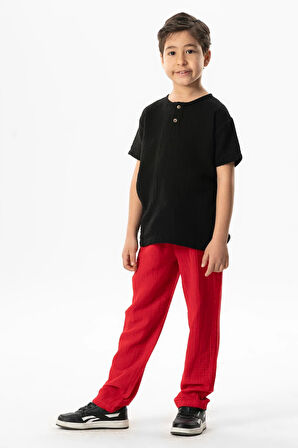 Beli Lastikli Müslin Cepli Yazlık Çocuk Pantolon Kırmızı Krmz