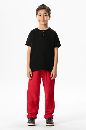 Beli Lastikli Müslin Cepli Yazlık Çocuk Pantolon Kırmızı Krmz