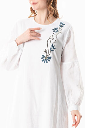 Uzun Kol Şile Bezi Gülşah Bisiklet Yaka Nakışlı Uzun Yazlık Elbise Beyaz Byz