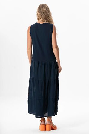 Kolsuz Şile Bezi Bahar V Yaka Nakışlı Uzun Yazlık Elbise Lacivert Lcvt