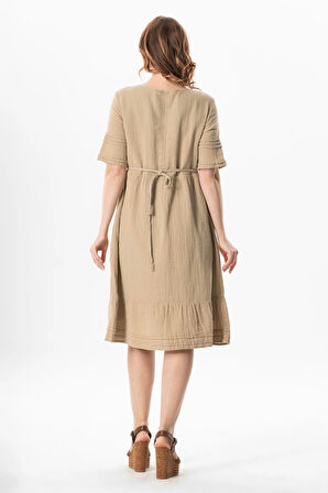 Kısa Kol Kare Yaka Dora Cep Detaylı Midi Boy Müslin Yazlık  Elbise Vizon Vzn