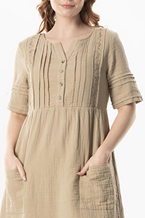 Kısa Kol Kare Yaka Dora Cep Detaylı Midi Boy Müslin Yazlık  Elbise Vizon Vzn