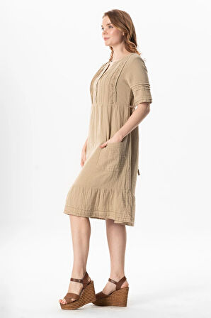 Kısa Kol Kare Yaka Dora Cep Detaylı Midi Boy Müslin Yazlık  Elbise Vizon Vzn