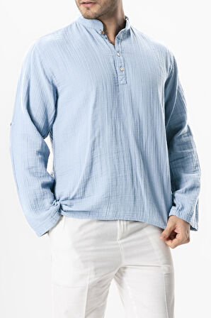 Uzun Kol Hakim Yaka Müslin Yazlık Sweatshirt Buz Mavi Bmv