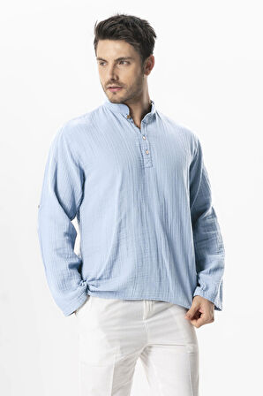 Uzun Kol Hakim Yaka Müslin Yazlık Sweatshirt Buz Mavi Bmv