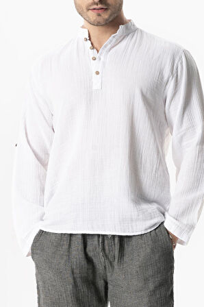 Uzun Kol Hakim Yaka Müslin Yazlık Sweatshirt Beyaz Byz