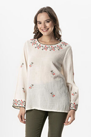 Uzun Kol Şile Bezi Kiraz Nakış İşlemeli Yazlık Bluz Krem Krm
