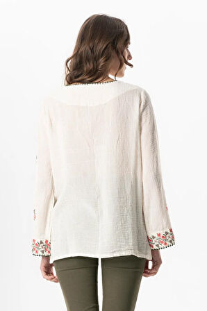 Uzun Kol Şile Bezi Kiraz Nakış İşlemeli Yazlık Bluz Krem Krm