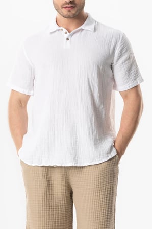Kısa Kol Polo Yaka Müslin Yazlık Tshirt Beyaz Byz
