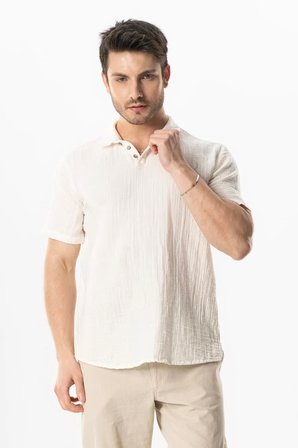 Kısa Kol Polo Yaka Müslin Yazlık Tshirt Kırık Beyaz KrkByz