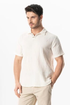 Kısa Kol Polo Yaka Müslin Yazlık Tshirt Kırık Beyaz KrkByz