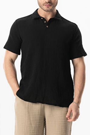 Kısa Kol Polo Yaka Müslin Yazlık Tshirt Siyah Syh