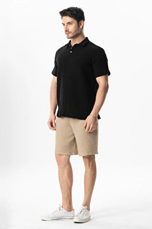 Kısa Kol Polo Yaka Müslin Yazlık Tshirt Siyah Syh