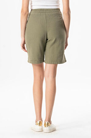 Beli Lastikli Rüzgar Diz Üstü Müslin Yazlık Şort Haki Hk