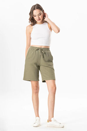 Beli Lastikli Rüzgar Diz Üstü Müslin Yazlık Şort Haki Hk