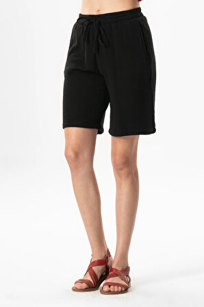 Beli Lastikli Rüzgar Diz Üstü Müslin Yazlık Şort Siyah Syh