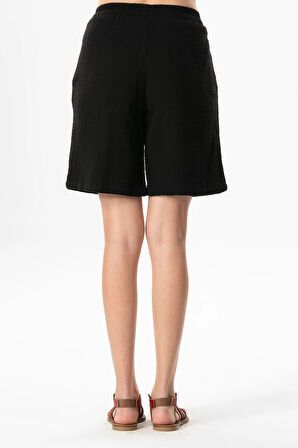 Beli Lastikli Rüzgar Diz Üstü Müslin Yazlık Şort Siyah Syh