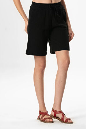 Beli Lastikli Rüzgar Diz Üstü Müslin Yazlık Şort Siyah Syh