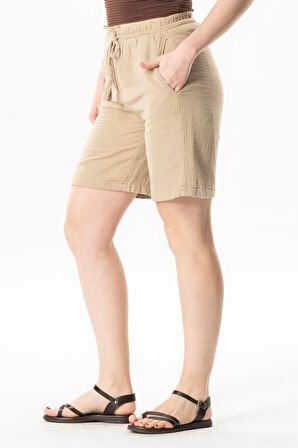 Beli Lastikli Rüzgar Diz Üstü Müslin Yazlık Şort Vizon Vzn