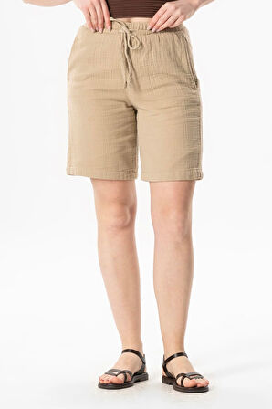 Beli Lastikli Rüzgar Diz Üstü Müslin Yazlık Şort Vizon Vzn