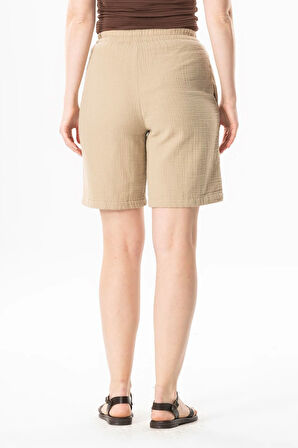 Beli Lastikli Rüzgar Diz Üstü Müslin Yazlık Şort Vizon Vzn