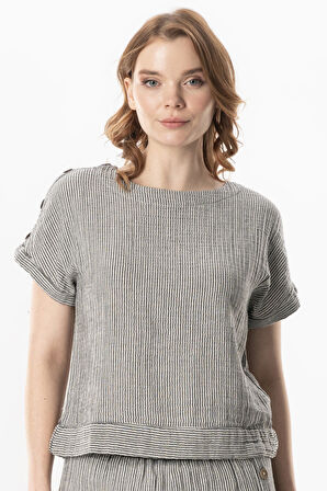 Kısa Kol Serap Bisiklet Yaka Müslin Yazlık Bluz Siyah/Beyaz Syh/Byz