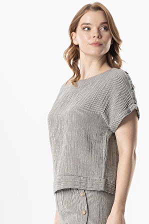 Kısa Kol Serap Bisiklet Yaka Müslin Yazlık Bluz Siyah/Beyaz Syh/Byz