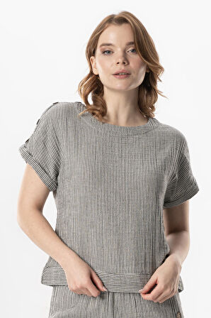 Kısa Kol Serap Bisiklet Yaka Müslin Yazlık Bluz Siyah/Beyaz Syh/Byz