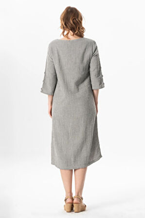 Truvakar Kol Serap Bisiklet Yaka Midi Boy Müslin Yazlık Elbise Siyah/Beyaz Syh/Byz