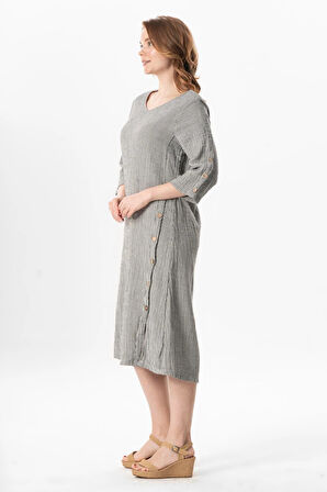 Truvakar Kol Serap Bisiklet Yaka Midi Boy Müslin Yazlık Elbise Siyah/Beyaz Syh/Byz