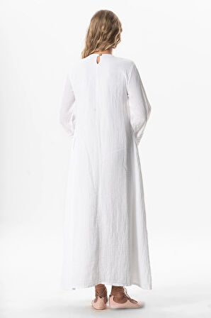 Uzun Kol Şahika Nervür Detaylı Uzun Müslin Yazlık Elbise Beyaz Byz