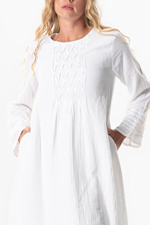 Uzun Kol Şahika Nervür Detaylı Uzun Müslin Yazlık Elbise Beyaz Byz