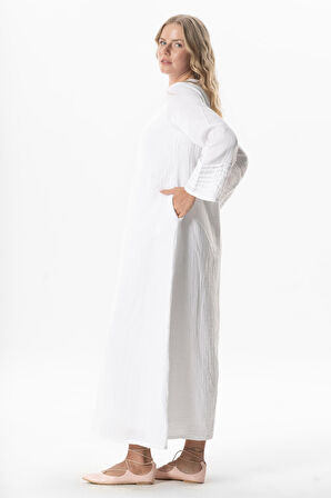 Uzun Kol Şahika Nervür Detaylı Uzun Müslin Yazlık Elbise Beyaz Byz