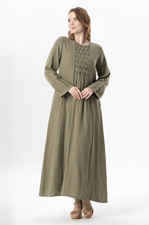 Uzun Kol Şahika Nervür Detaylı Uzun Müslin Yazlık Elbise Haki Hk