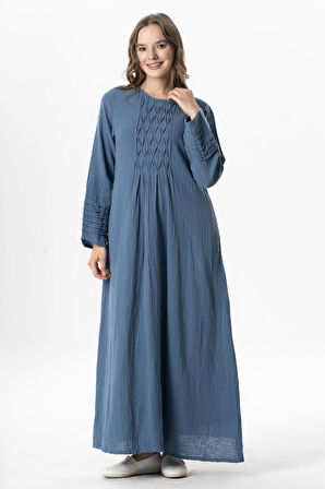 Uzun Kol Şahika Nervür Detaylı Uzun Müslin Yazlık Elbise İndigo indg