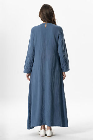 Uzun Kol Şahika Nervür Detaylı Uzun Müslin Yazlık Elbise İndigo indg
