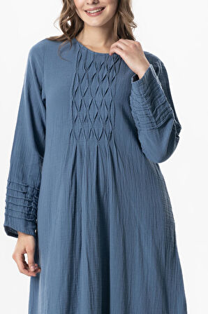 Uzun Kol Şahika Nervür Detaylı Uzun Müslin Yazlık Elbise İndigo indg