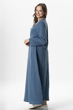Uzun Kol Şahika Nervür Detaylı Uzun Müslin Yazlık Elbise İndigo indg