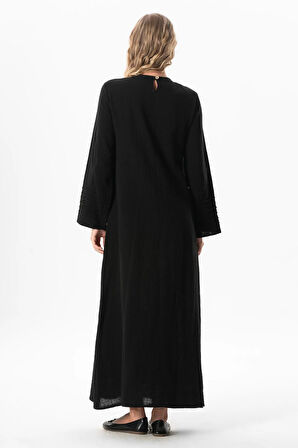 Uzun Kol Şahika Nervür Detaylı Uzun Müslin Yazlık Elbise Siyah Syh