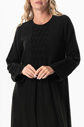 Uzun Kol Şahika Nervür Detaylı Uzun Müslin Yazlık Elbise Siyah Syh