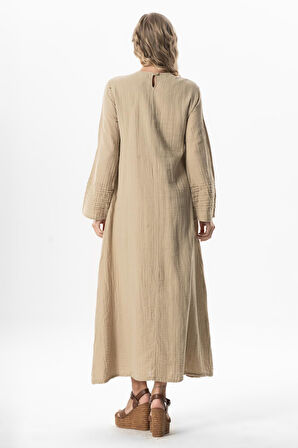 Uzun Kol Şahika Nervür Detaylı Uzun Müslin Yazlık Elbise Vizon Vzn