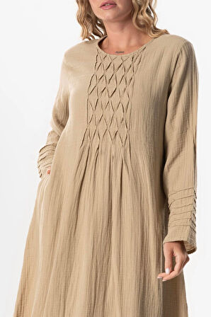 Uzun Kol Şahika Nervür Detaylı Uzun Müslin Yazlık Elbise Vizon Vzn