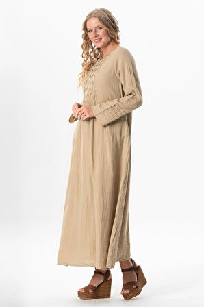 Uzun Kol Şahika Nervür Detaylı Uzun Müslin Yazlık Elbise Vizon Vzn