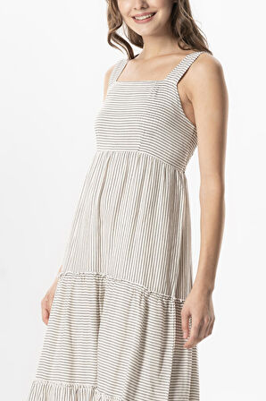 Askılı Şile Bezi Kare Yaka Tılsım Uzun Yazlık Elbise Krem Çizgili Krmsyh