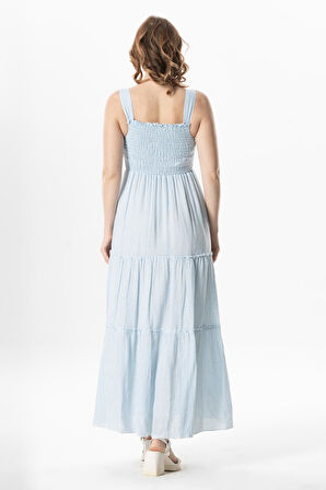 Askılı Şile Bezi Kare Yaka Tılsım Uzun Yazlık Elbise Mavi Çizgili Mvbyz