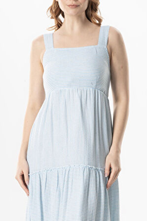 Askılı Şile Bezi Kare Yaka Tılsım Uzun Yazlık Elbise Mavi Çizgili Mvbyz