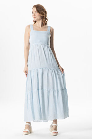 Askılı Şile Bezi Kare Yaka Tılsım Uzun Yazlık Elbise Mavi Çizgili Mvbyz